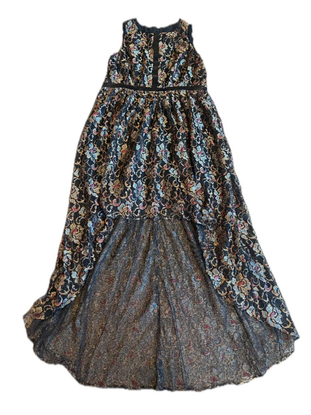 Adrianna Papell Black Gold Floral Metallic Lace High Low Maxi Dress Crew Women's